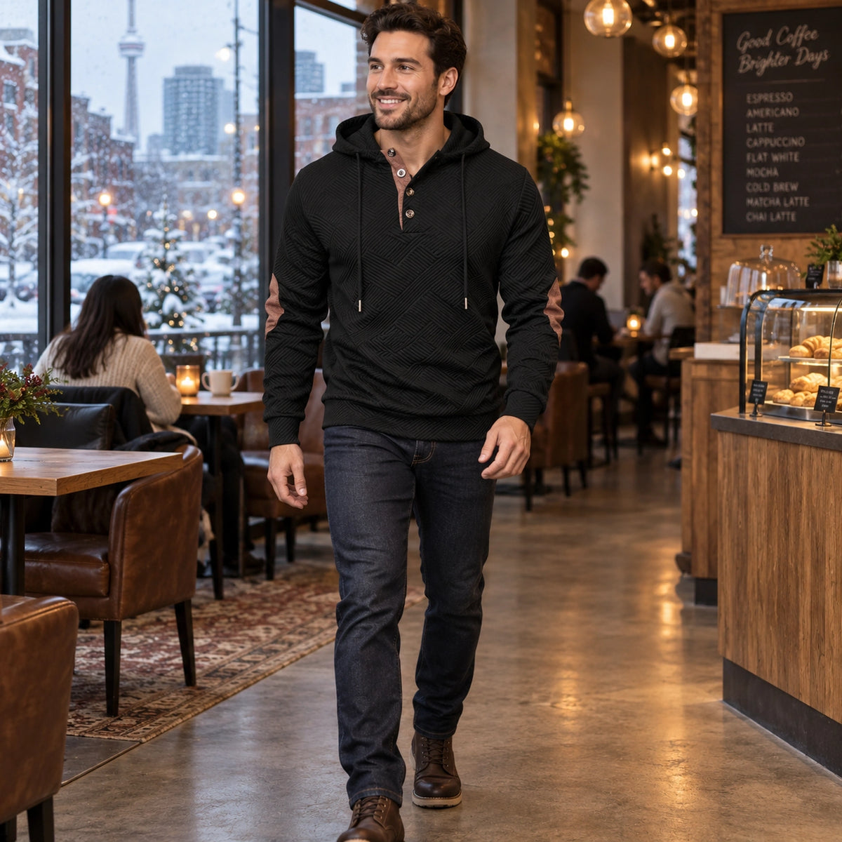 mens hoodie — Men's Textured Elbow Patch Hoodie — Mads, Black, view, worn by an adult model, Usa and Canada — view 7