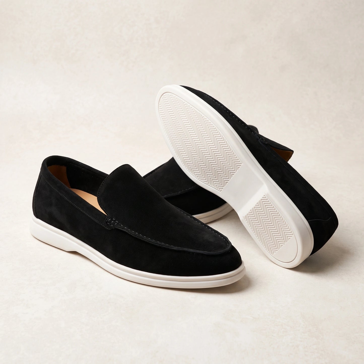 Close up view showing the rich texture and precise stitching of Timeless Oxford Loafers in classic black Pu leather.