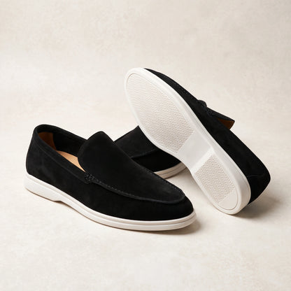 Close up view showing the rich texture and precise stitching of Timeless Oxford Loafers in classic black Pu leather.