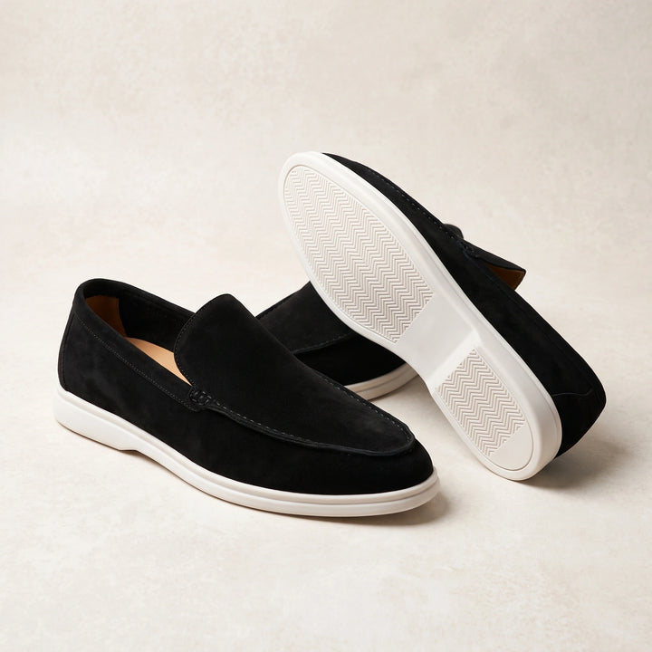 Close up view showing the rich texture and precise stitching of Timeless Oxford Loafers in classic black Pu leather.