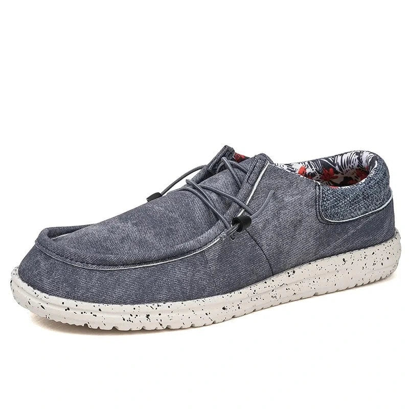 Lightweight breathable oxford loafers in gray with speckled white sole, side angle view — 4 — view 5