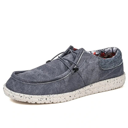 Lightweight breathable oxford loafers in gray with speckled white sole, side angle view — 4 — view 5