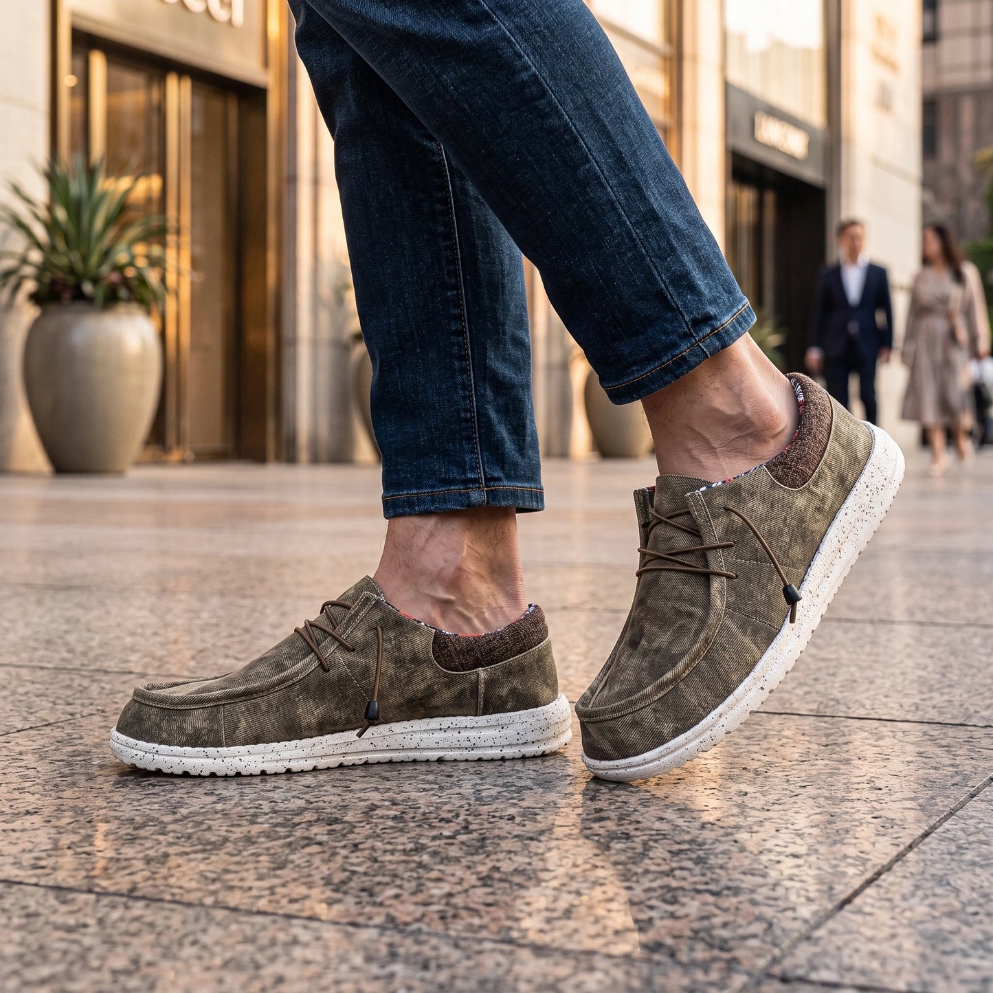 Close up view showing the lightweight breathable fabric and precise stitching of casual Oxford loafers in a neutral — view 7