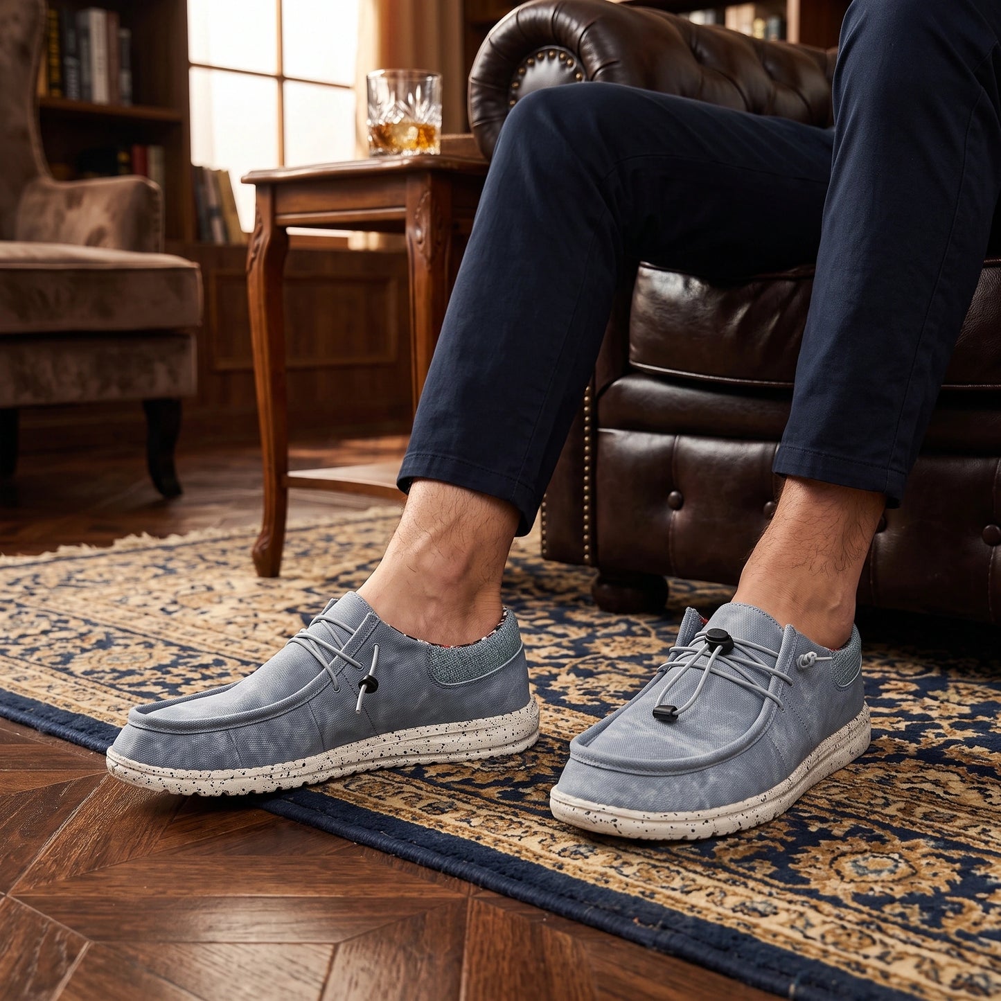 Close up view showing the lightweight breathable fabric and precise stitching of Oxford loafers, their quality — view 9
