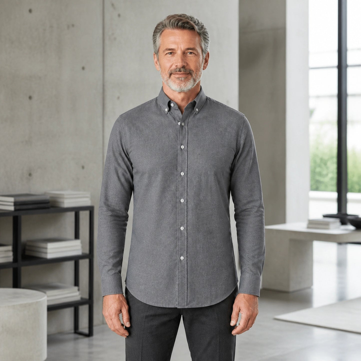 Mature man wearing Gray smart casual long sleeve Oxford shirt, full front view with button down collar, cuffs, and — view 3
