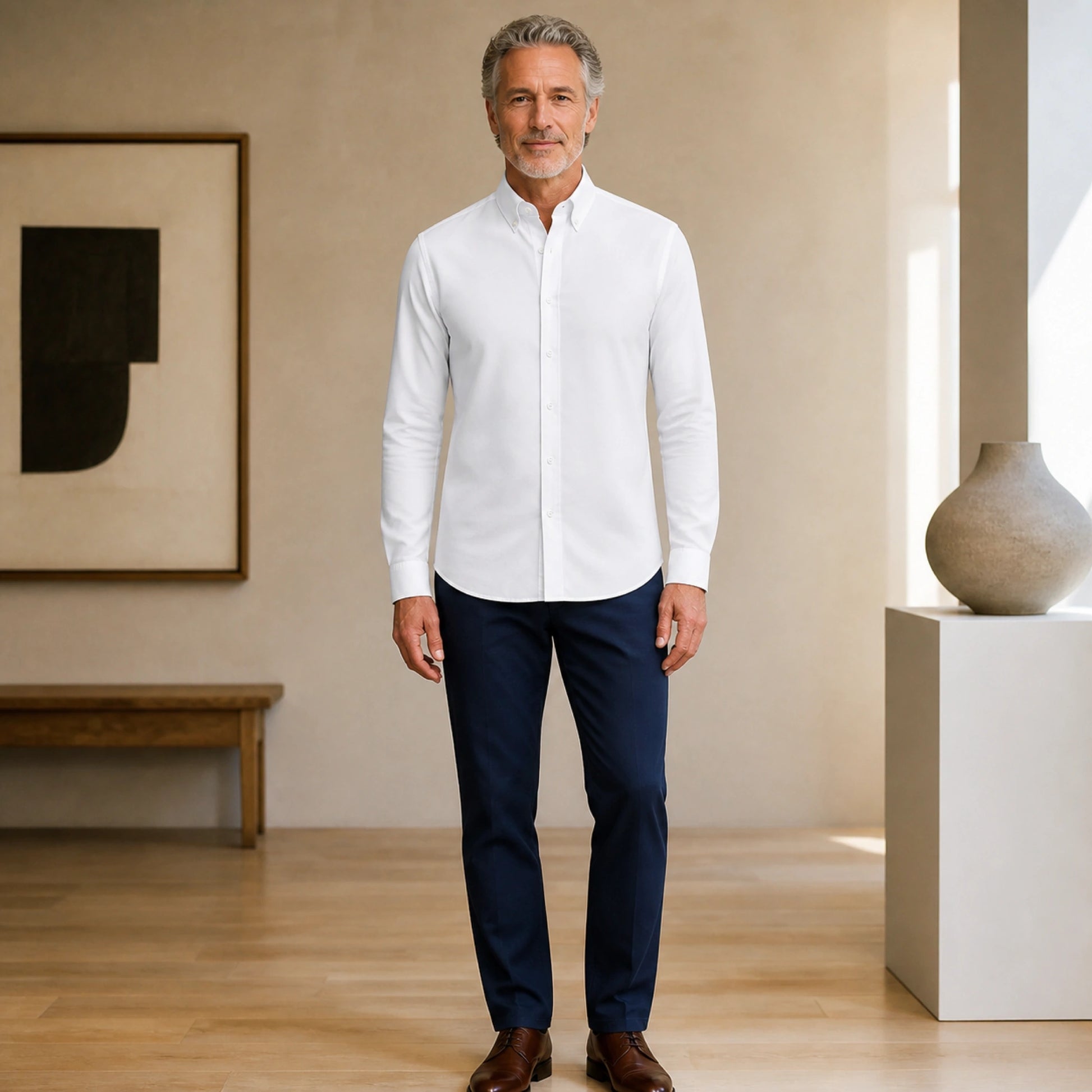 Mature man wearing White smart casual long sleeve Oxford shirt, full front view with button down collar, cuffs, and — view 4