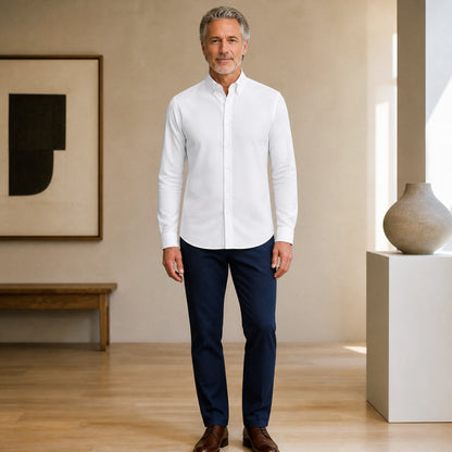 Mature man wearing White smart casual long sleeve Oxford shirt, full front view with button down collar, cuffs, and — view 4