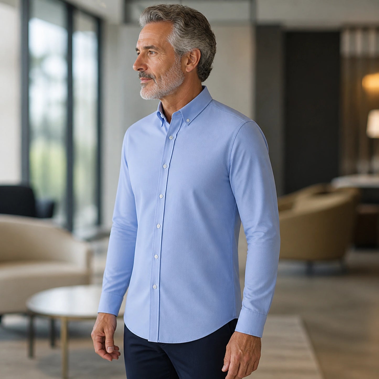 Mature man wearing Blue smart casual long sleeve Oxford shirt, realistic side view showing collar, cuff, seam, and — view 6