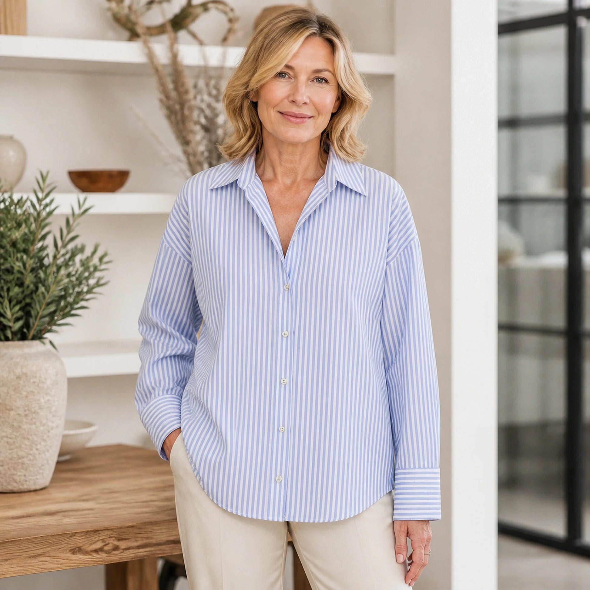 oxford shirt — Professional mature woman wearing the exact oversized Oxford blouse — view 2