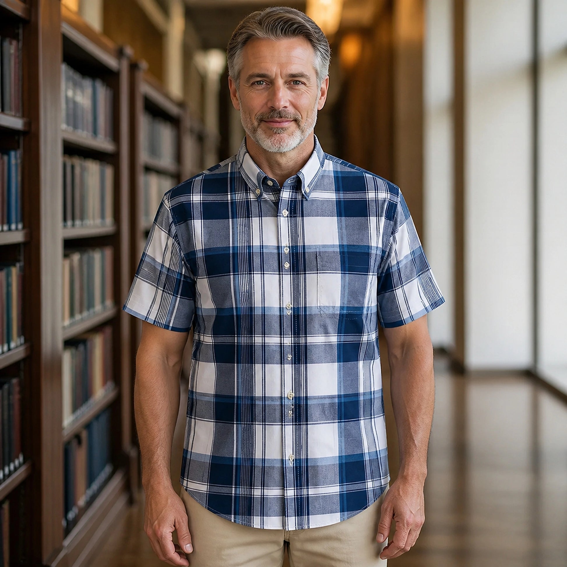 Navy and Gray Plaid Short Sleeve Oxford Shirt Front View
