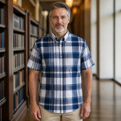 Navy and Gray Plaid Short Sleeve Oxford Shirt Front View