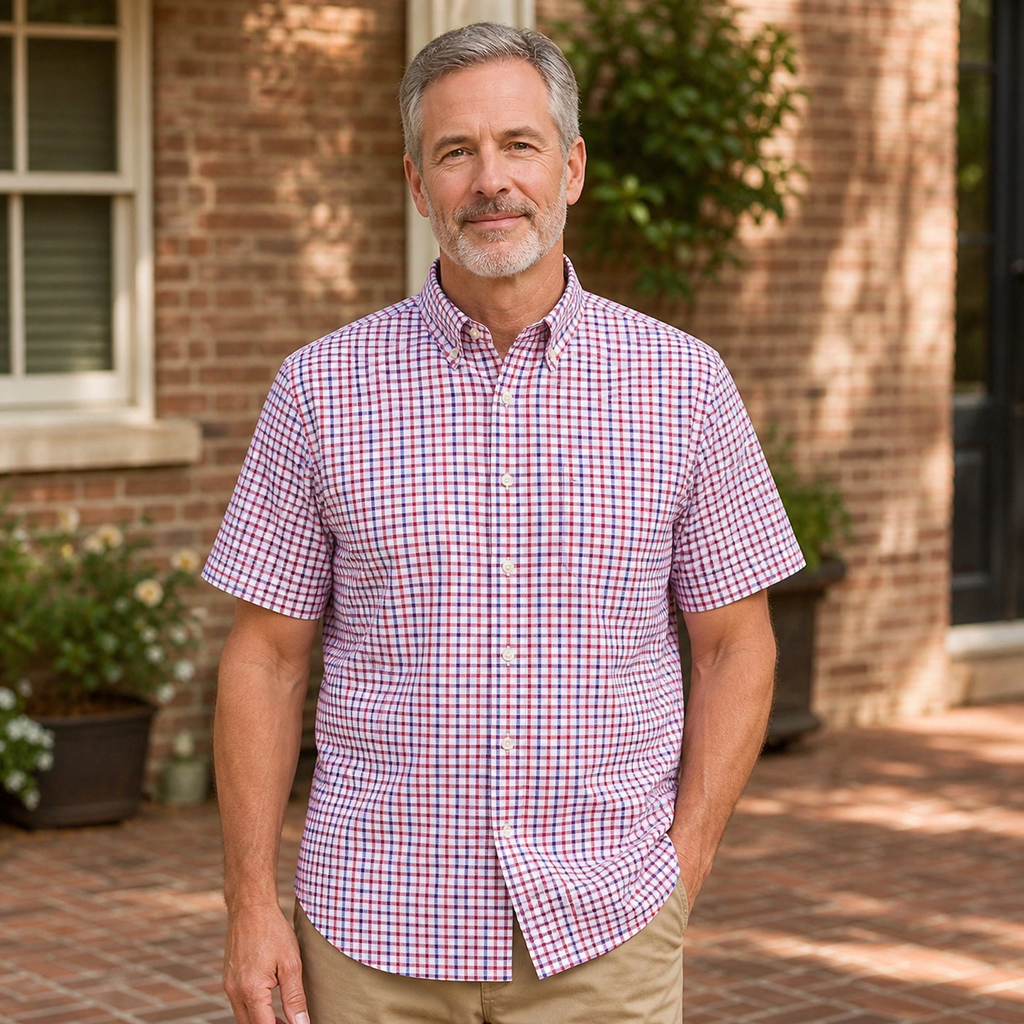 Red and Navy Tattersall Short Sleeve Oxford Shirt Front View — view 10