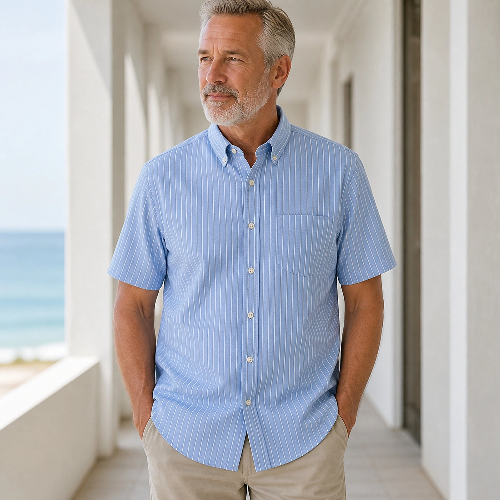 Light Blue Pinstripe Short Sleeve Oxford Shirt Front View — view 11
