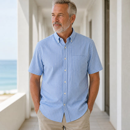 Light Blue Pinstripe Short Sleeve Oxford Shirt Front View — view 11