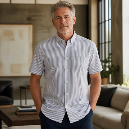 Gray and White Bengal Stripe Short Sleeve Oxford Shirt Front View — view 12