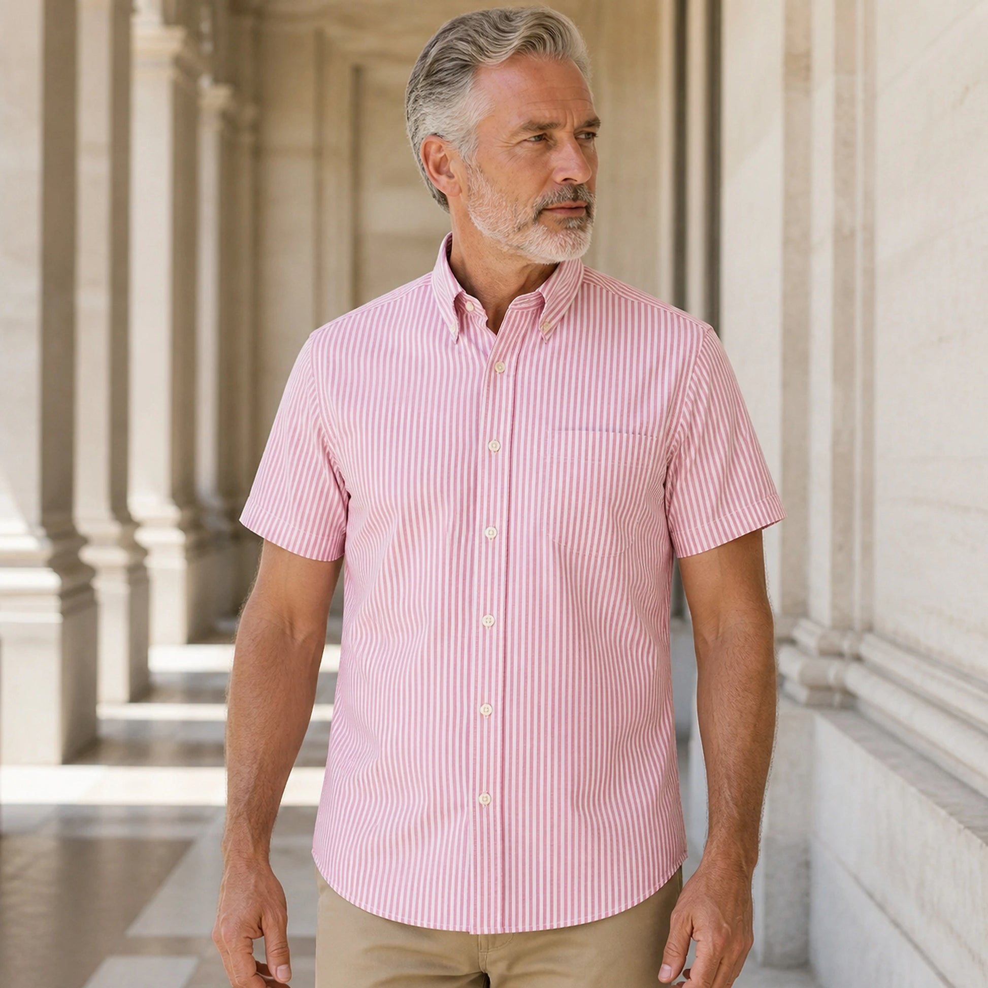 Red and White Bengal Stripe Short Sleeve Oxford Shirt Front View — view 13
