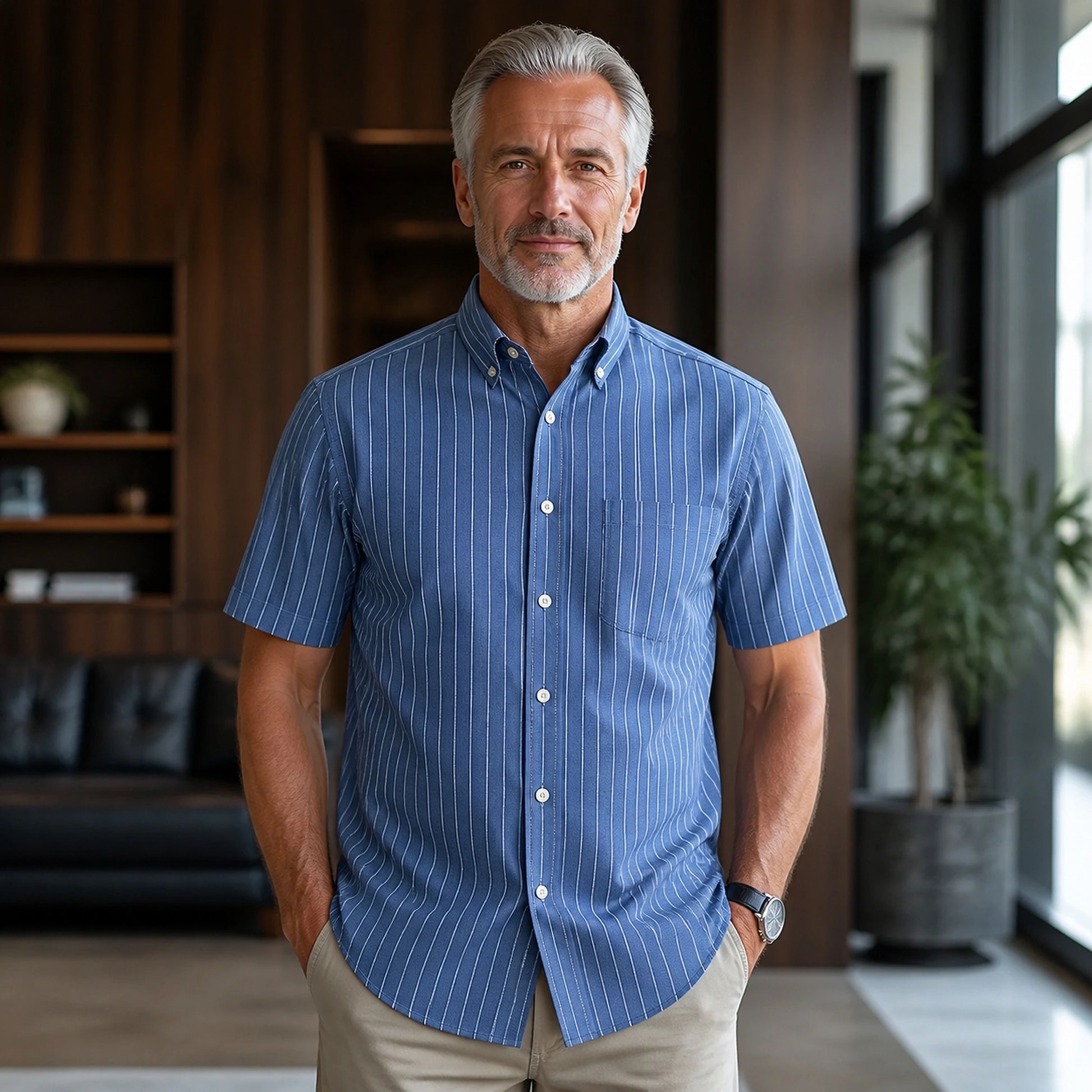 Navy Pinstripe Short Sleeve Oxford Shirt Front View — view 14