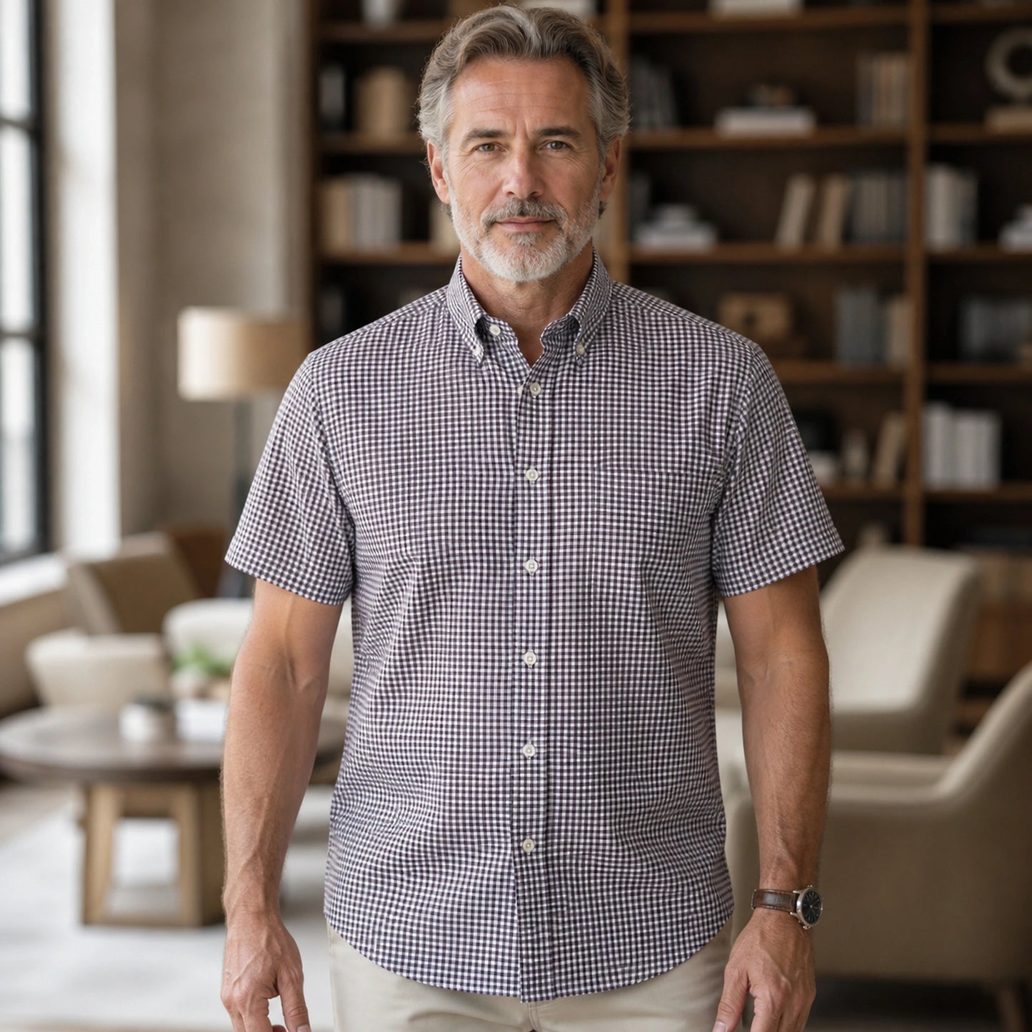 Charcoal Micro Gingham Short Sleeve Oxford Shirt Front View — view 16