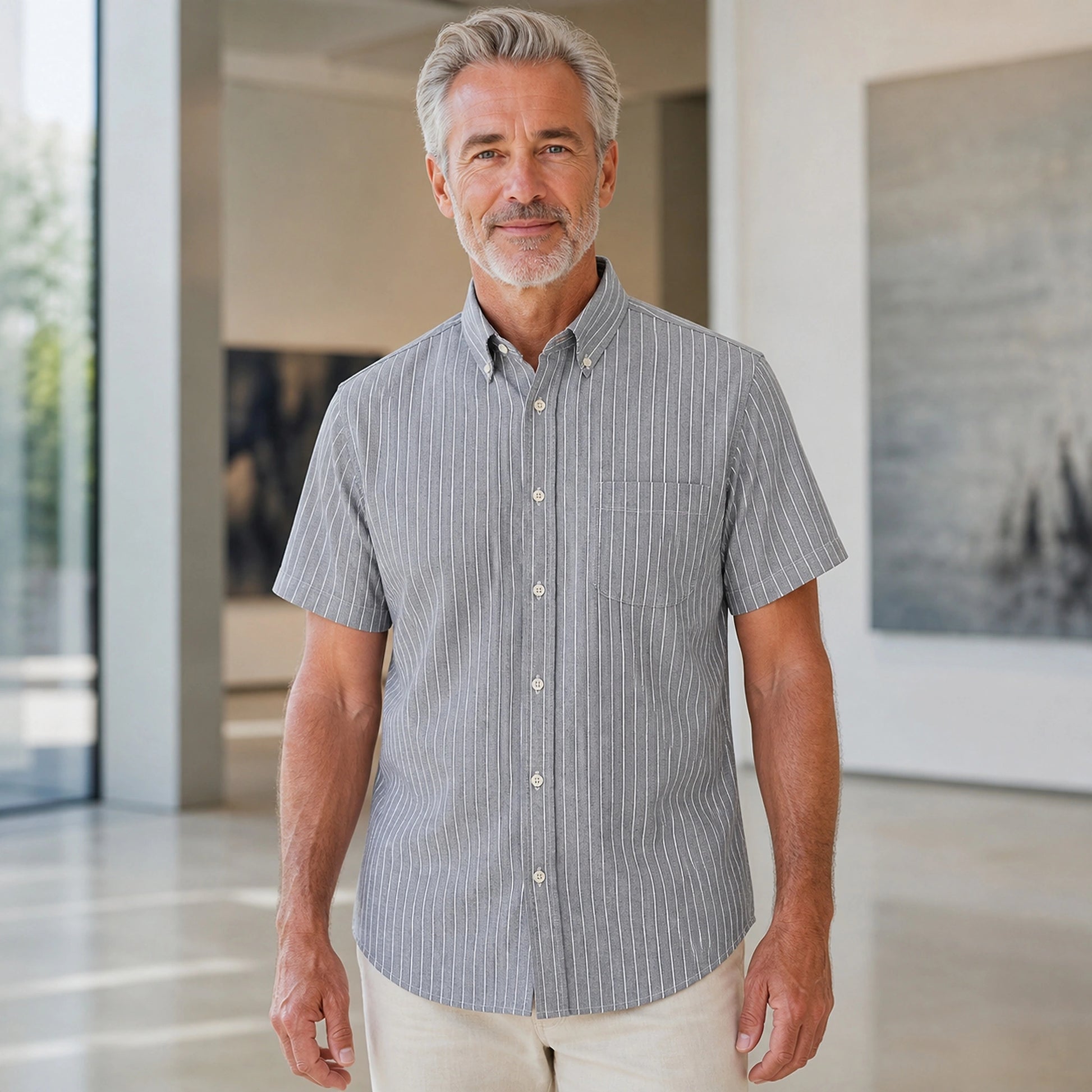 Charcoal Pinstripe Short Sleeve Oxford Shirt Front View — view 18