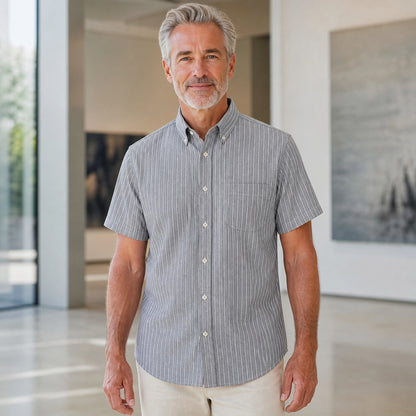 Charcoal Pinstripe Short Sleeve Oxford Shirt Front View — view 18