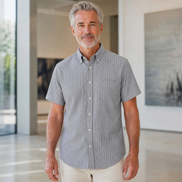 Charcoal Pinstripe Short Sleeve Oxford Shirt Front View — view 18