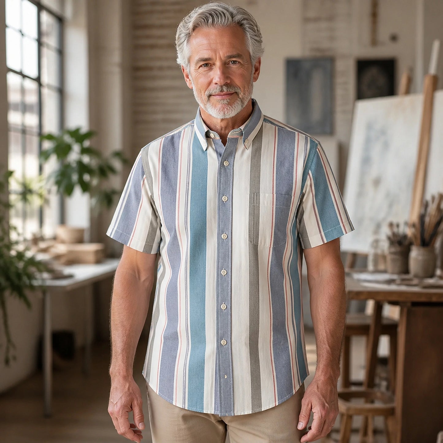 Multicolor Vertical Stripe Short Sleeve Oxford Shirt Front View — view 19