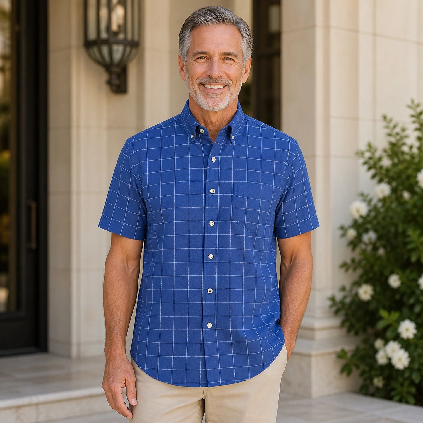 Navy Windowpane Short Sleeve Oxford Shirt Front View — view 2