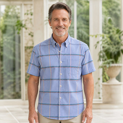Dusty Blue Multicolor Windowpane Short Sleeve Oxford Shirt Front View — view 20