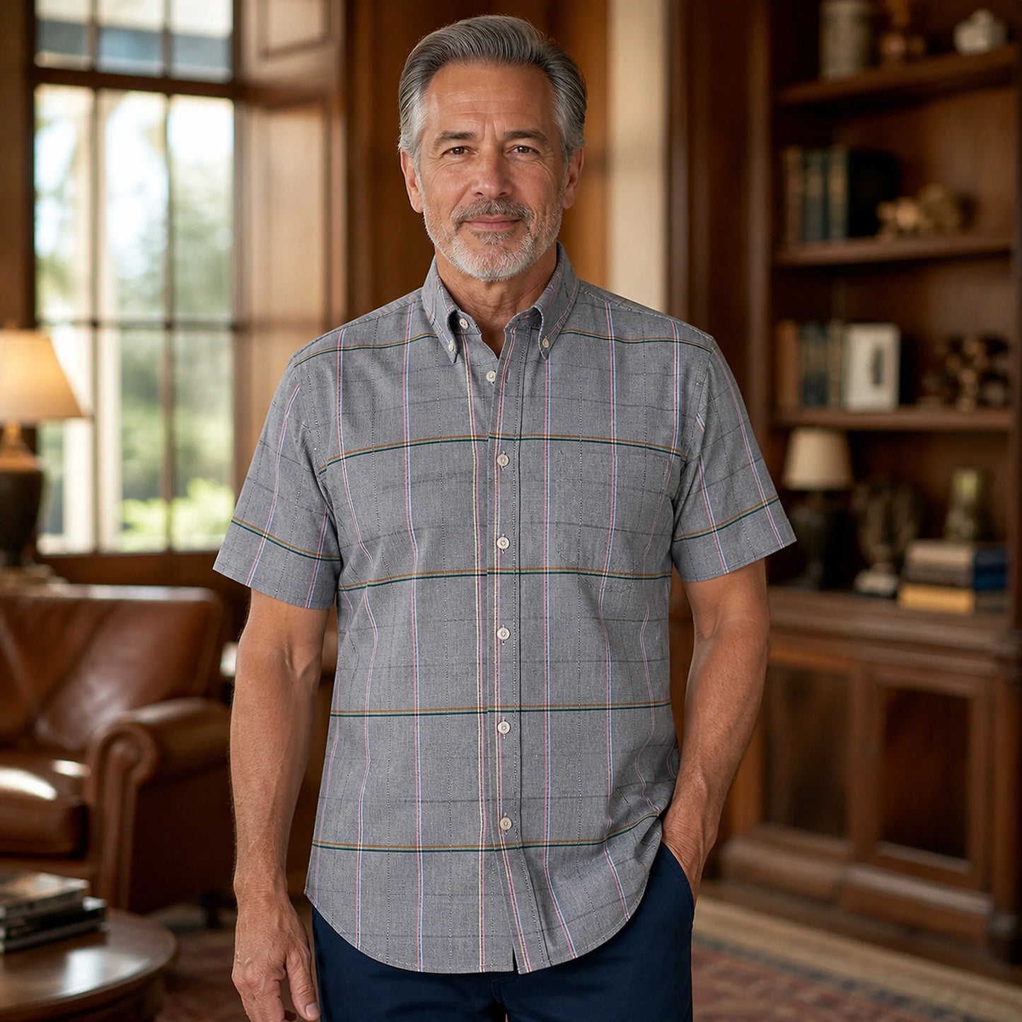 Charcoal Multicolor Windowpane Short Sleeve Oxford Shirt Front View — view 21