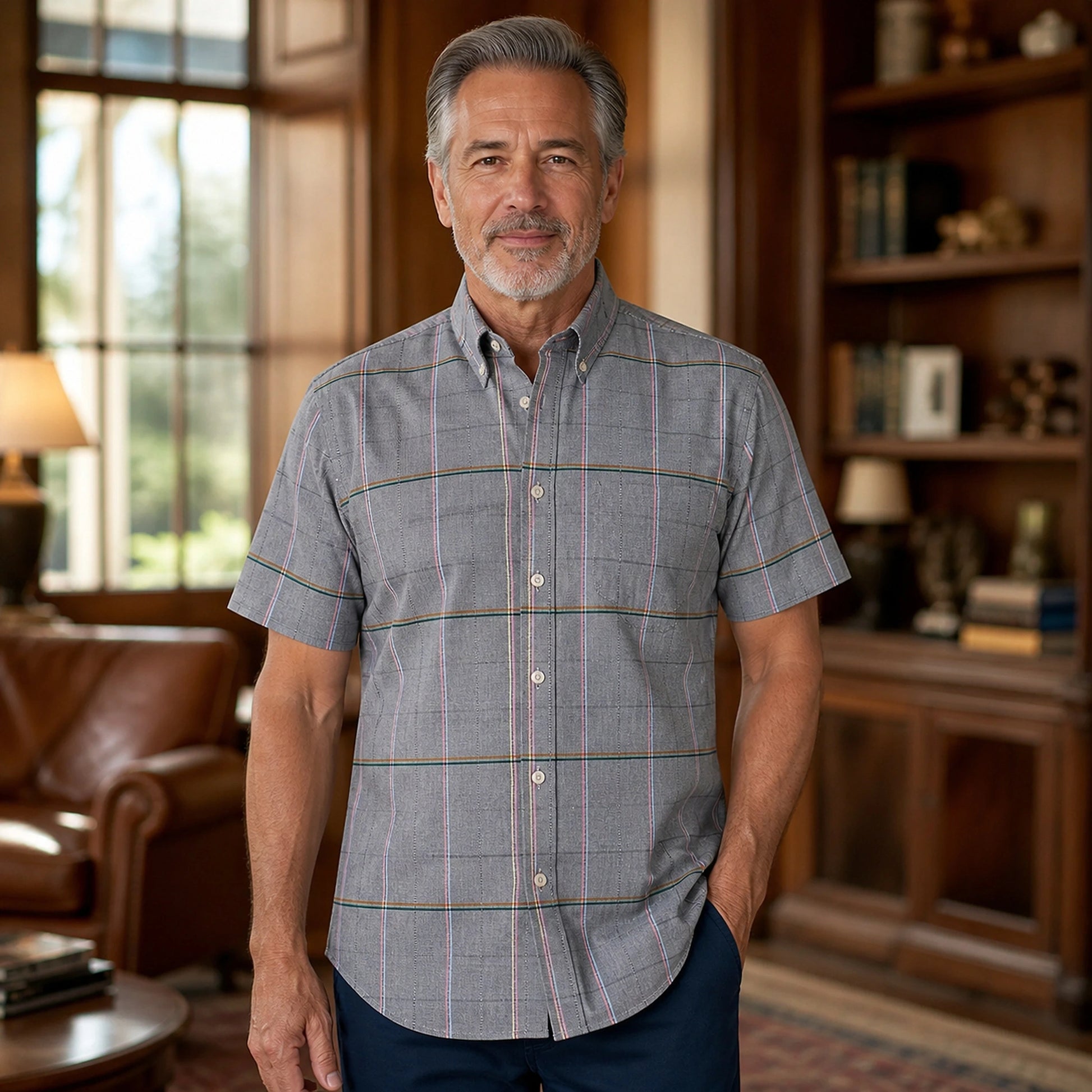 Charcoal Multicolor Windowpane Short Sleeve Oxford Shirt Front View — view 21