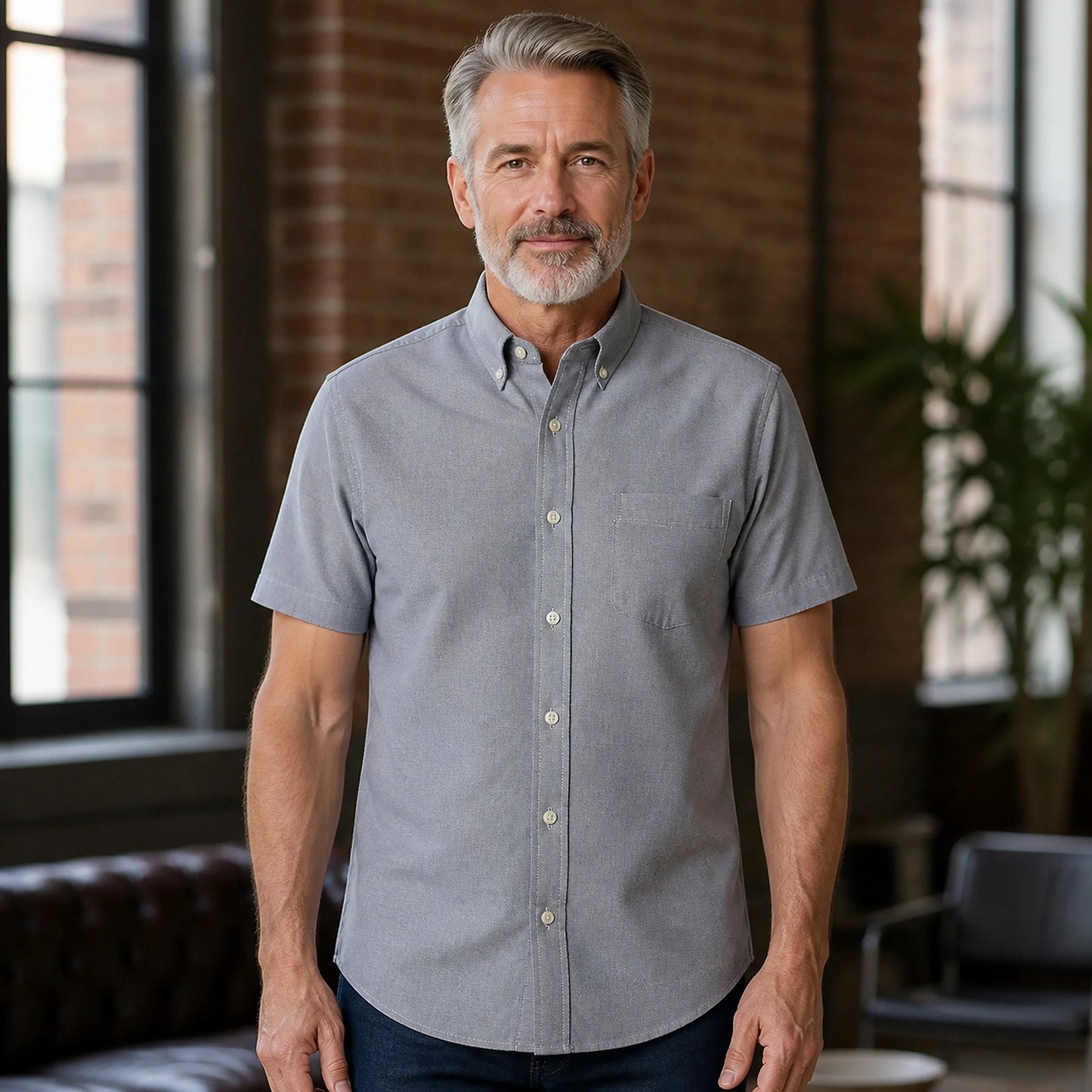 Heather Gray Short Sleeve Oxford Shirt Front View — view 23