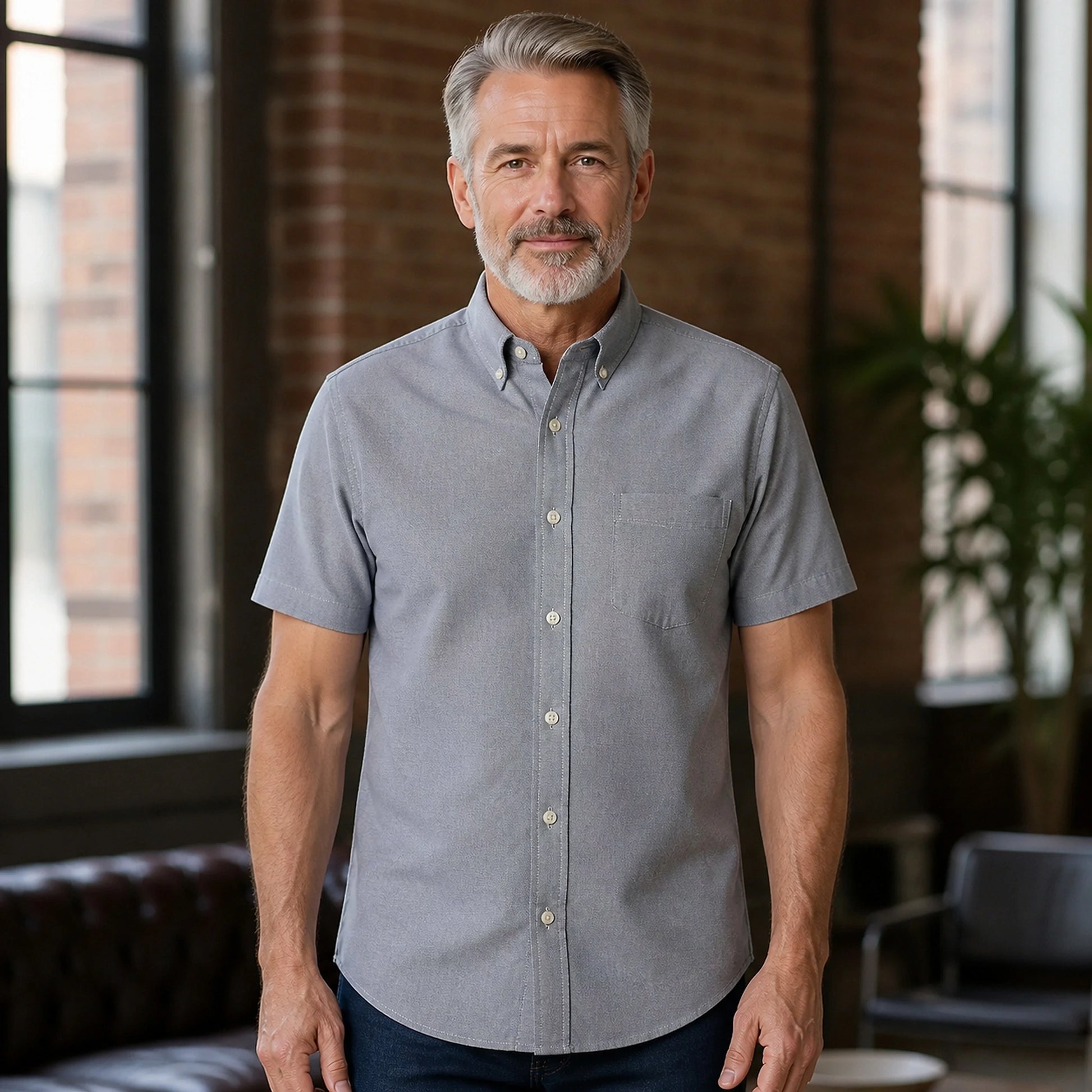 Heather Gray Short Sleeve Oxford Shirt Front View — view 23