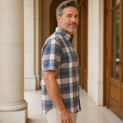 Taupe and Slate Plaid Short Sleeve Oxford Shirt Right Side View — view 26