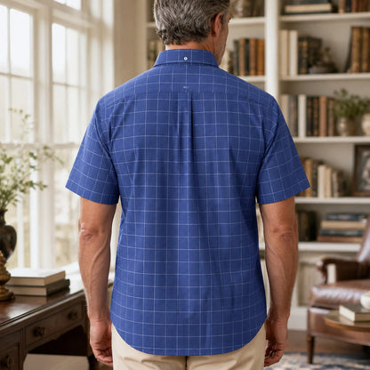 Navy Windowpane Short Sleeve Oxford Shirt Back View — view 27