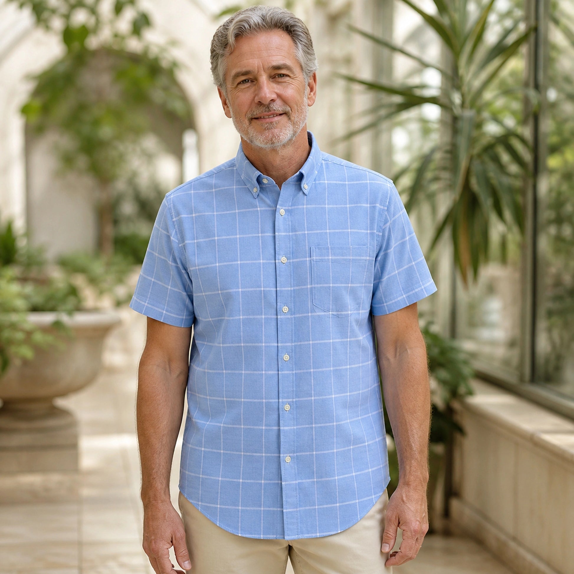 Dusty Blue Windowpane Short Sleeve Oxford Shirt Front View — view 3