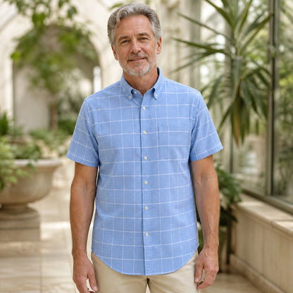 Dusty Blue Windowpane Short Sleeve Oxford Shirt Front View — view 3