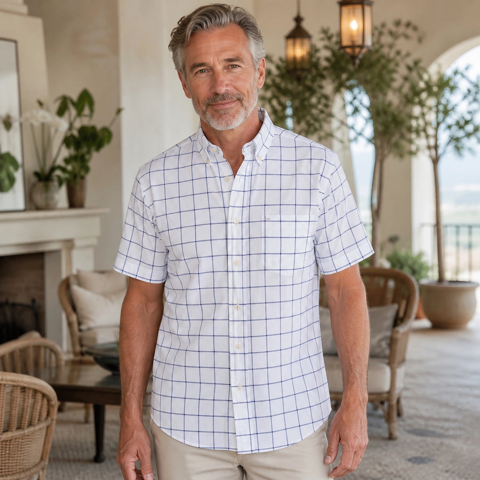 White and Navy Windowpane Short Sleeve Oxford Shirt Front View — view 4