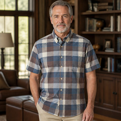 Taupe and Slate Plaid Short Sleeve Oxford Shirt Front View — view 5