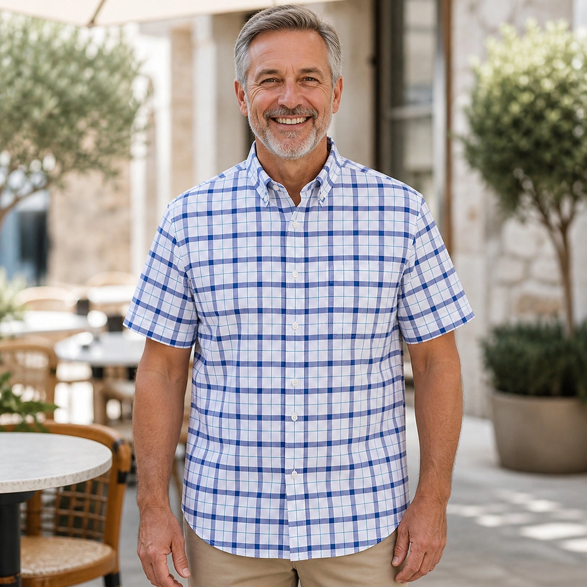 Blue and White Plaid Short Sleeve Oxford Shirt Front View — view 6