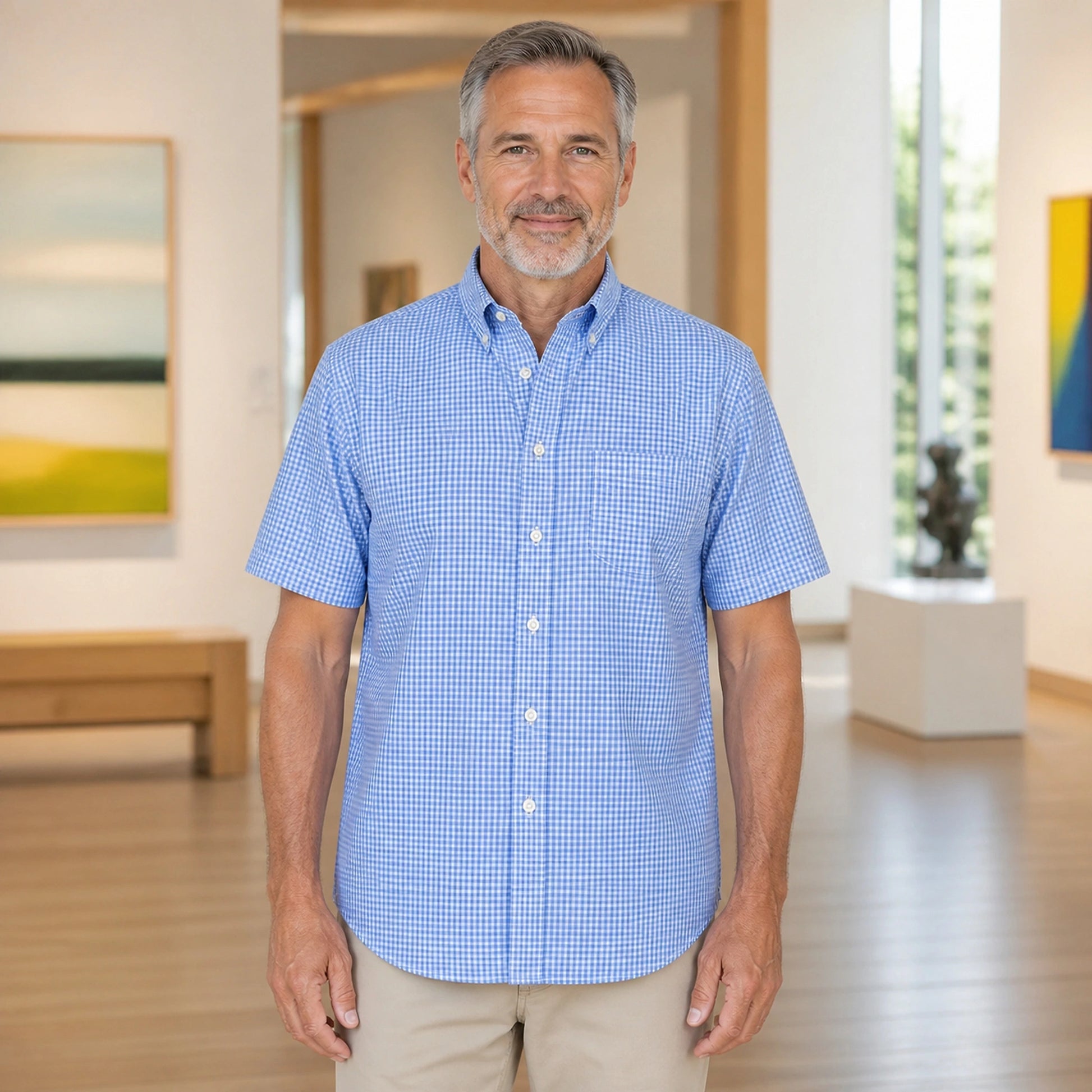 Blue Micro Gingham Short Sleeve Oxford Shirt Front View — view 7