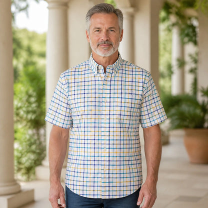 White Multicolor Plaid Short Sleeve Oxford Shirt Front View — view 8