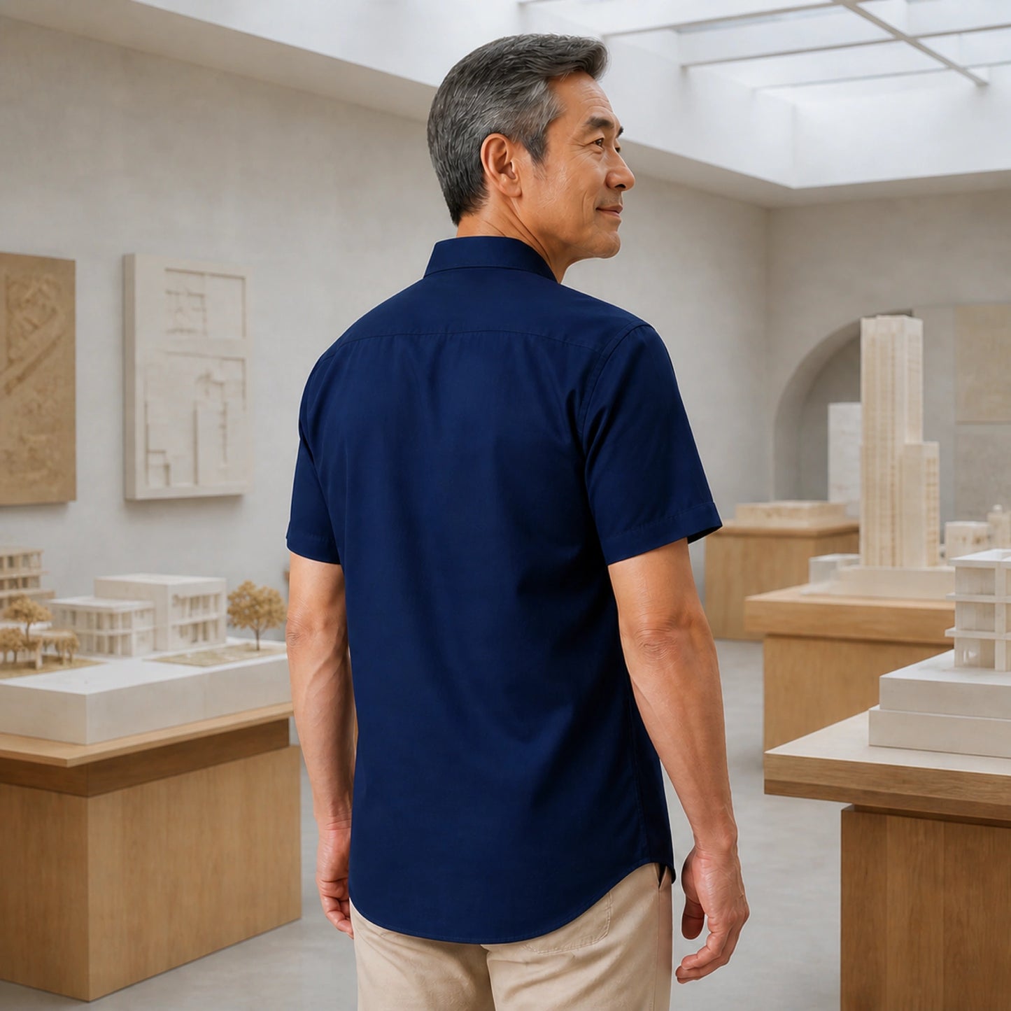 Rear three quarter view of a mature man wearing the navy Oxford shirt, showing back yoke, sleeves, seams and hem — view 10