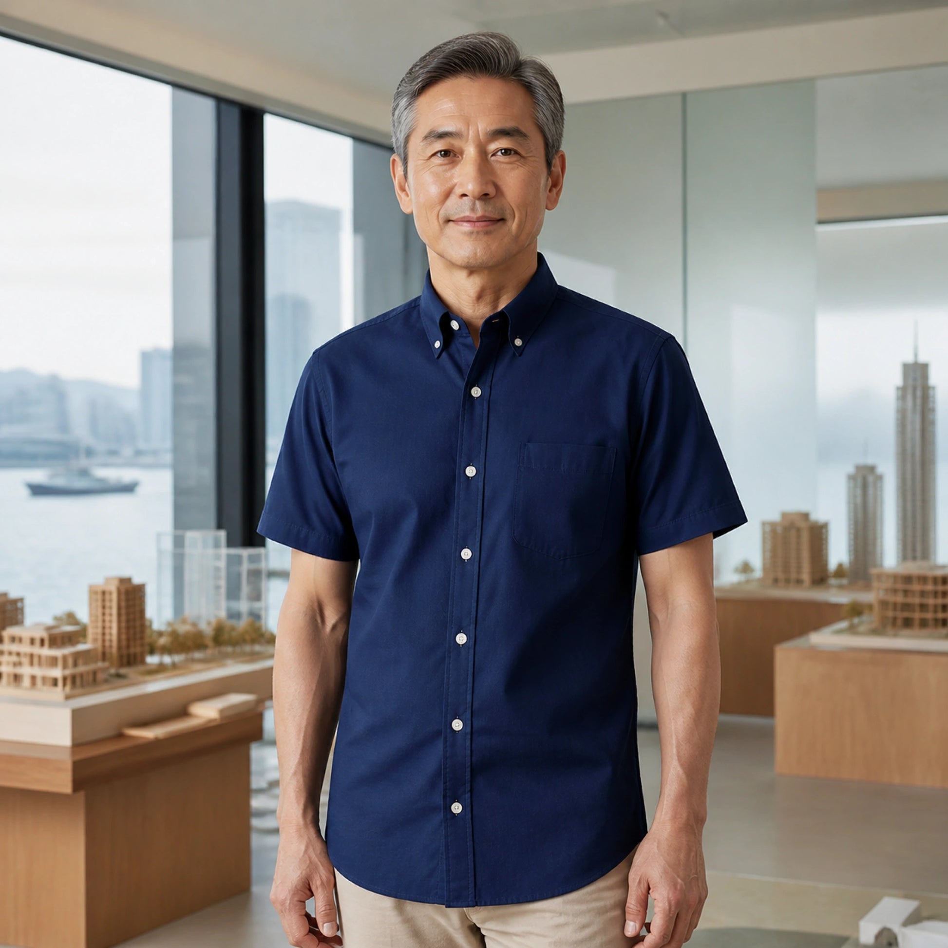 Mature man wearing the navy blue short sleeved Oxford shirt, complete collar to hem front view in a modern — view 2