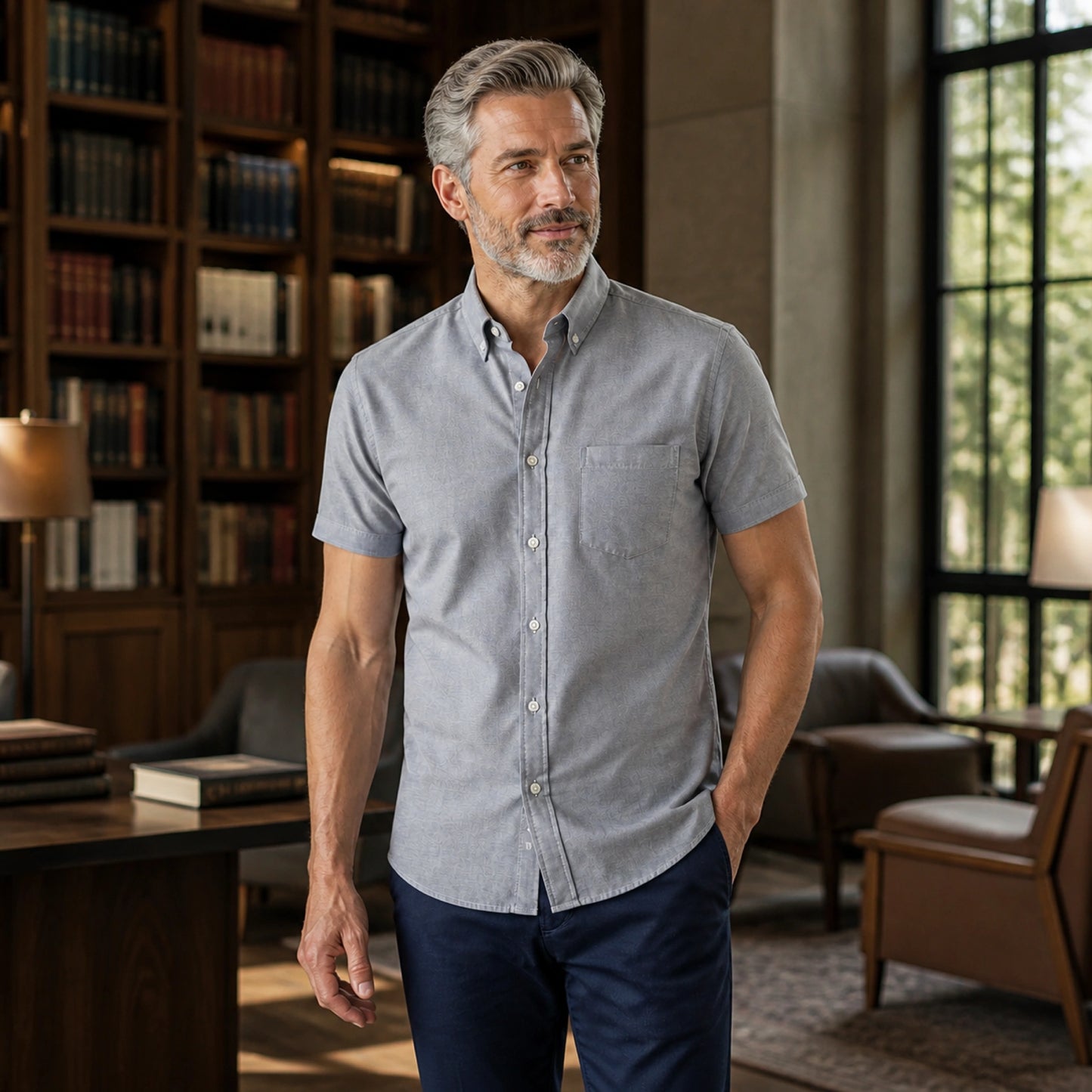 Mature man wearing the gray short sleeved Oxford shirt, complete collar to hem front view in a refined library — view 5