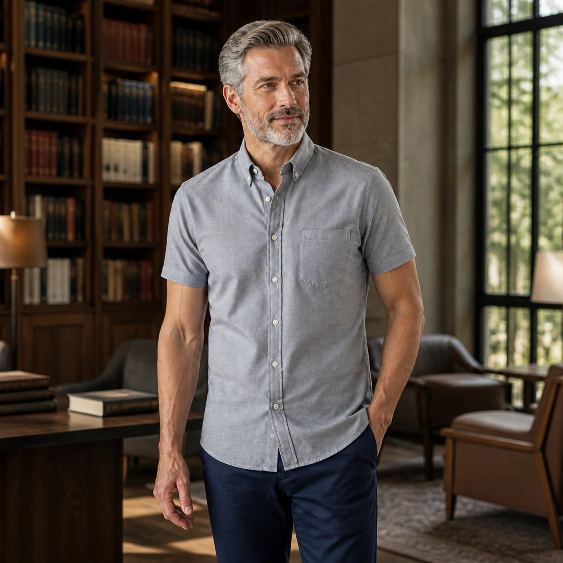 Mature man wearing the gray short sleeved Oxford shirt, complete collar to hem front view in a refined library — view 5