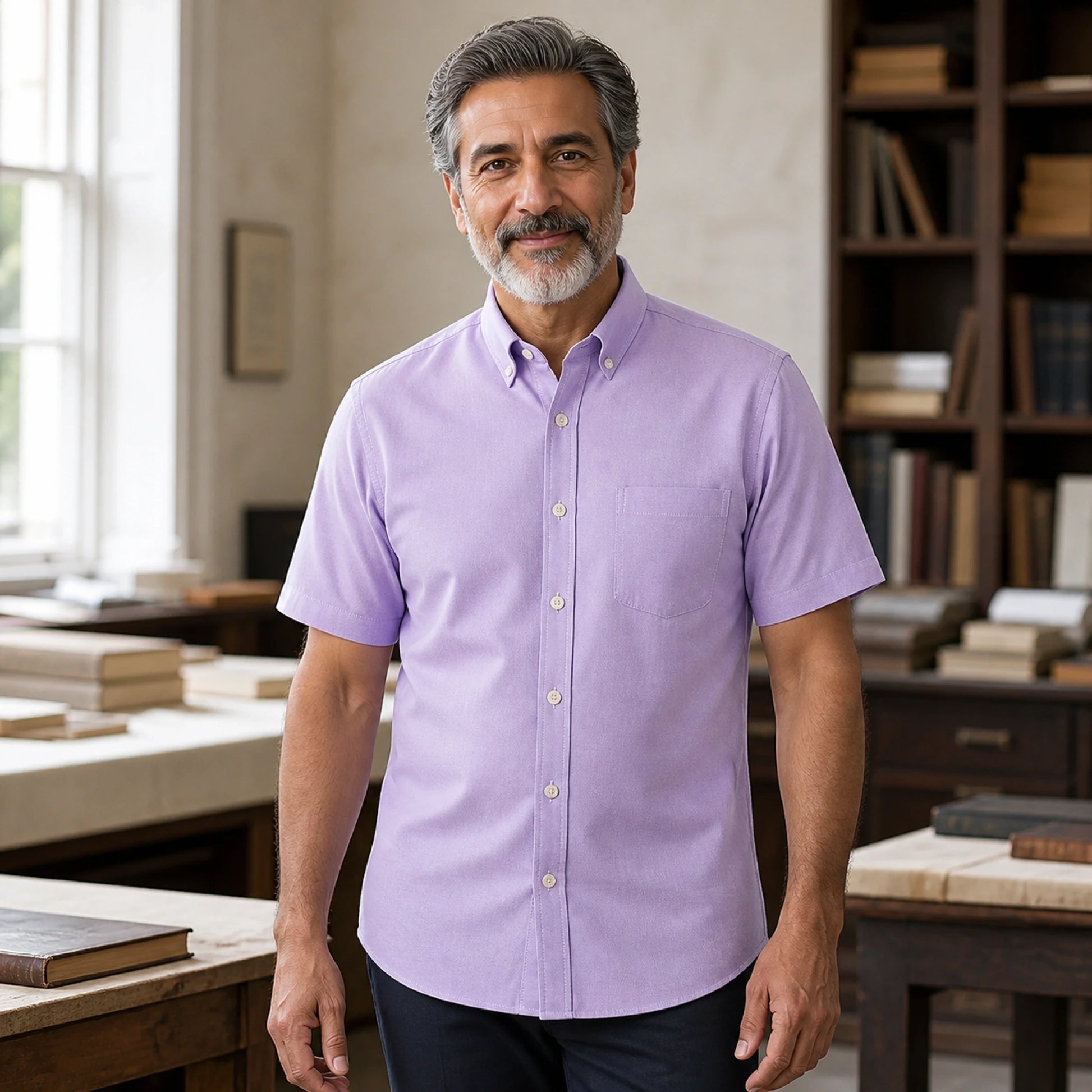 Mature man wearing the purple short sleeved Oxford shirt, complete collar to hem front view in a professional — view 8