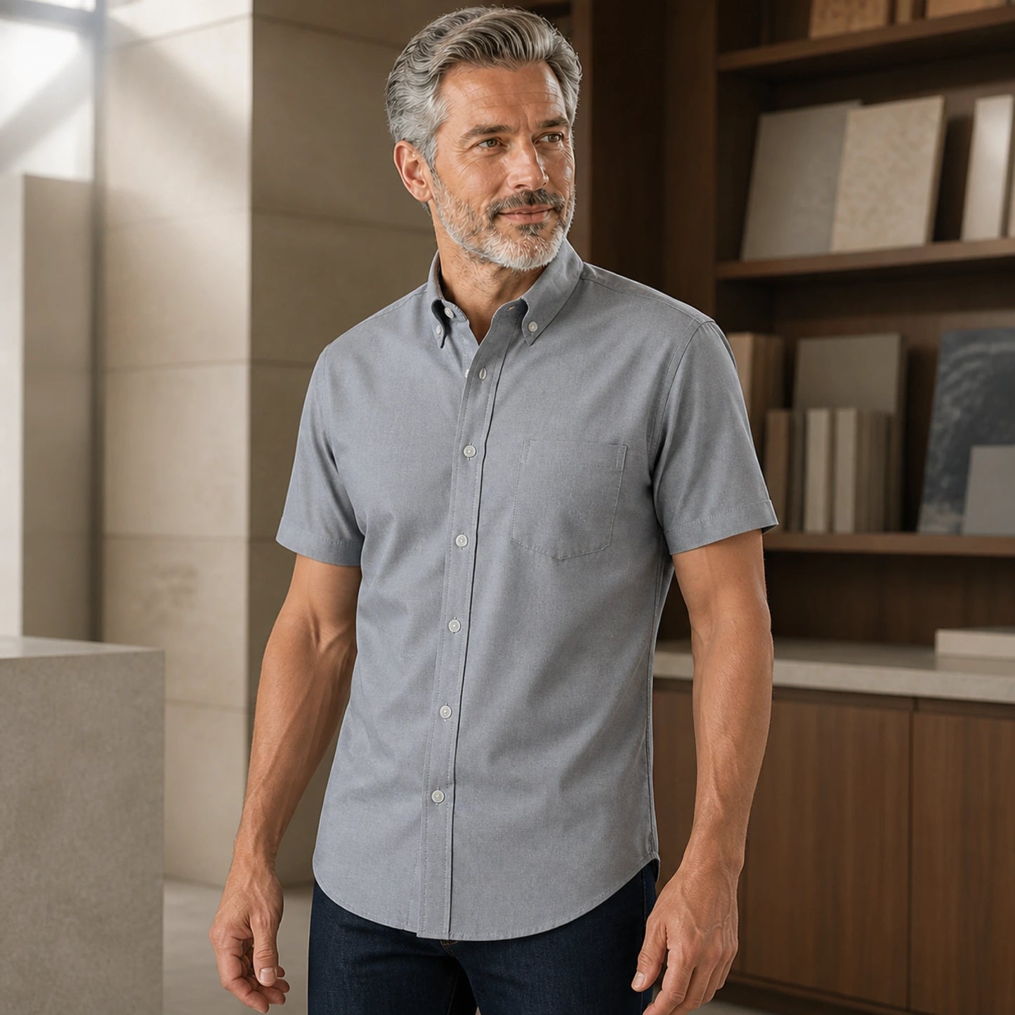 Side three quarter view of a mature man wearing the gray Oxford shirt, showing sleeve, pocket, seam and hem — view 9