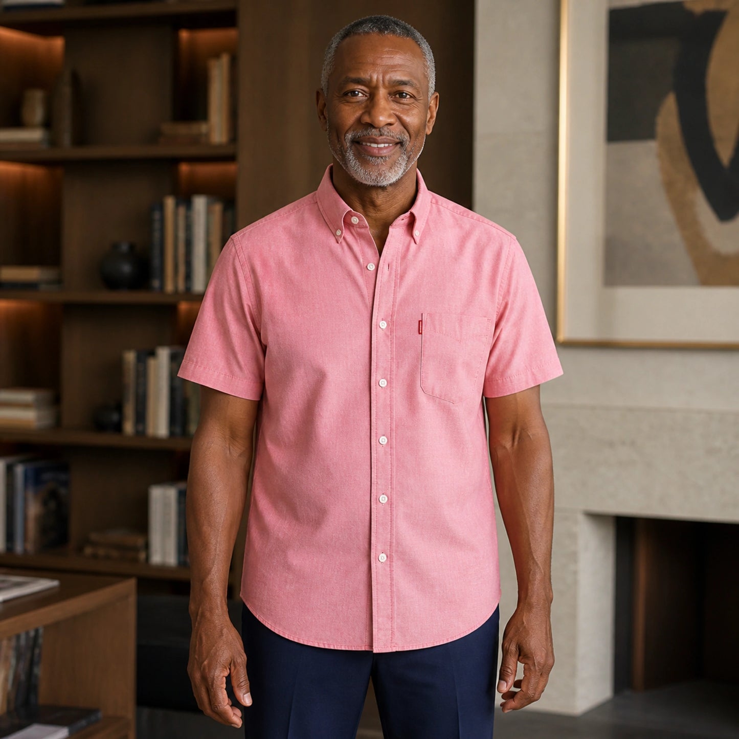Mature man wearing Pink classic fit short sleeve Oxford shirt, full front view with button down collar, chest pocket, and