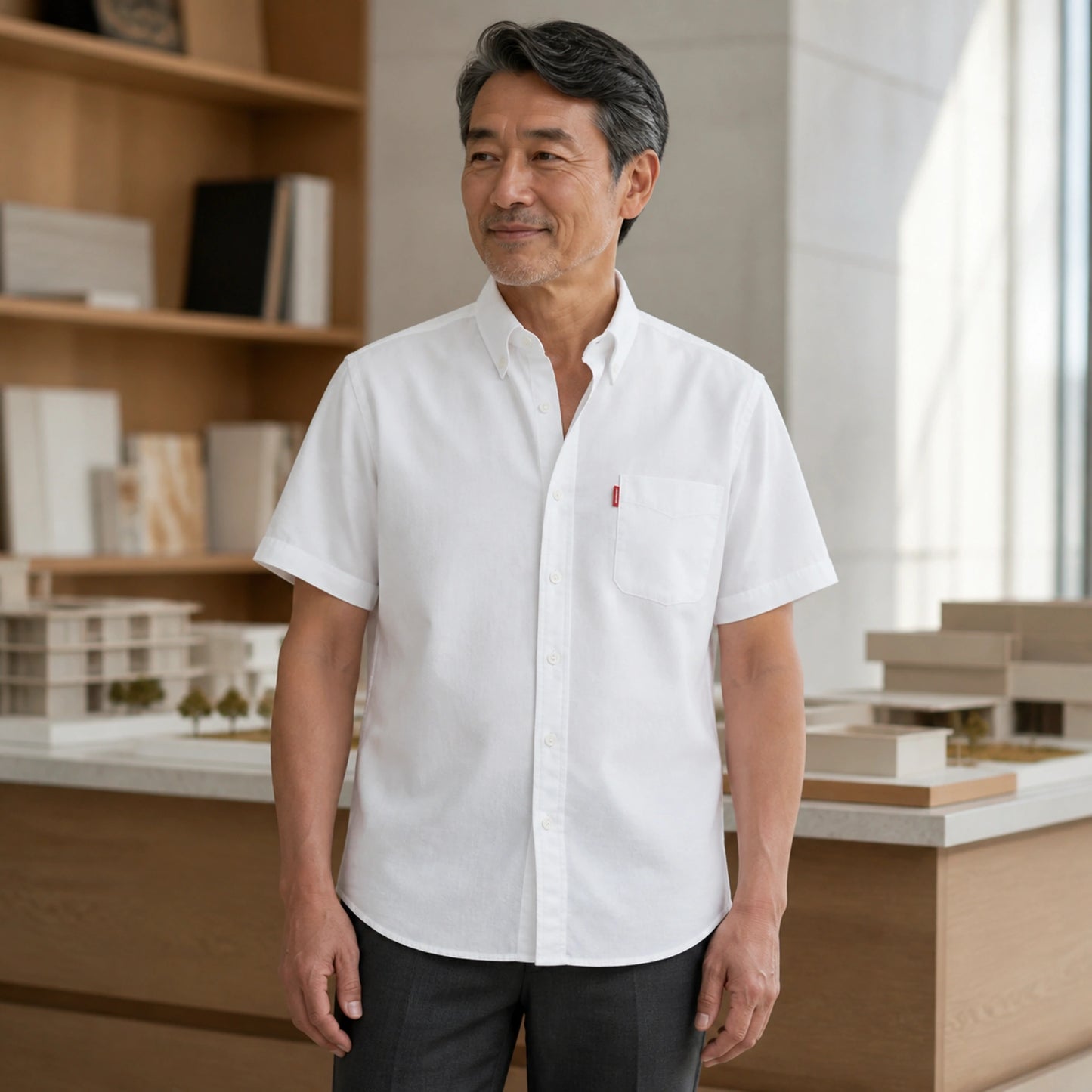 Mature man wearing White classic fit short sleeve Oxford shirt, full front view with button down collar, chest — view 2