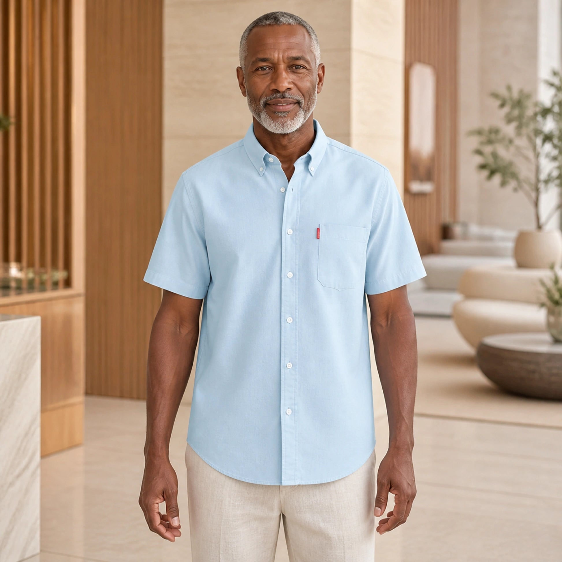 Mature man wearing Sky Blue classic fit short sleeve Oxford shirt, full front view with button down collar, chest — view 4